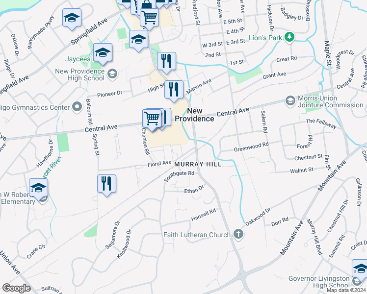 map of restaurants, bars, coffee shops, grocery stores, and more near 19 Murray Hill Manor in New Providence