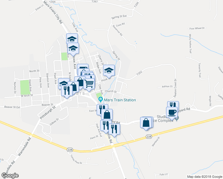 map of restaurants, bars, coffee shops, grocery stores, and more near 604 Spring Street in Mars