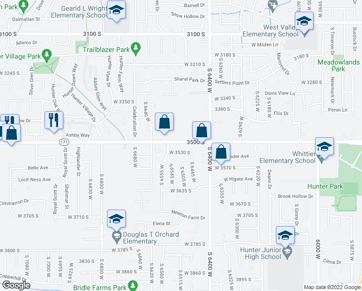 map of restaurants, bars, coffee shops, grocery stores, and more near 6505 West 3500 South in West Valley City