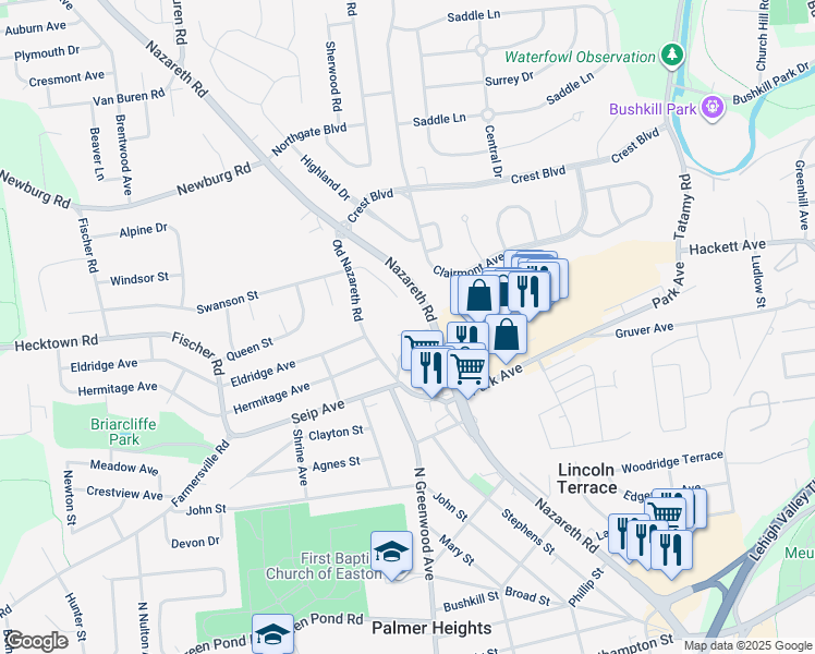 map of restaurants, bars, coffee shops, grocery stores, and more near 8 Oak Lane in Easton