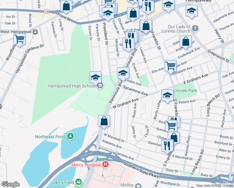 map of restaurants, bars, coffee shops, grocery stores, and more near 643 Peninsula Boulevard in Hempstead