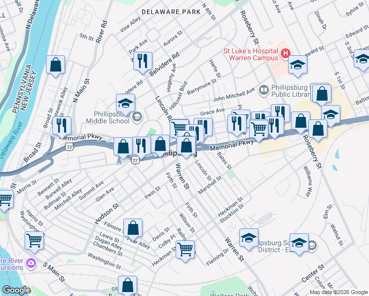 map of restaurants, bars, coffee shops, grocery stores, and more near in Phillipsburg