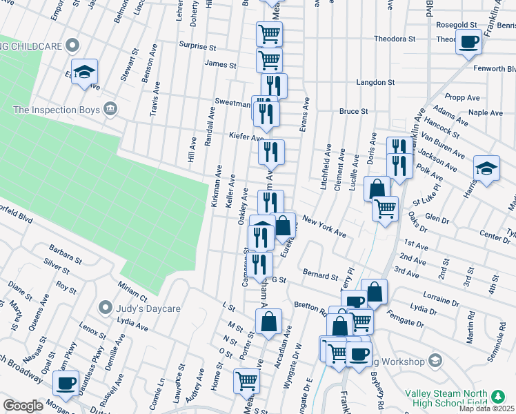 map of restaurants, bars, coffee shops, grocery stores, and more near 1373 Star Avenue in Elmont