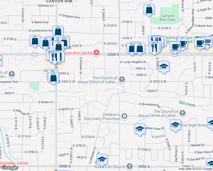 map of restaurants, bars, coffee shops, grocery stores, and more near 2600 East Evergreen Avenue in Salt Lake City