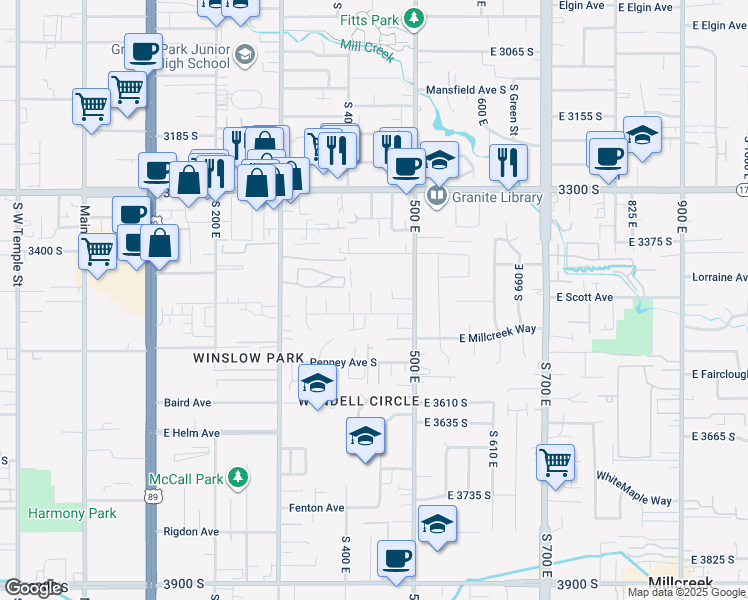 map of restaurants, bars, coffee shops, grocery stores, and more near 415 East Scott Avenue in South Salt Lake