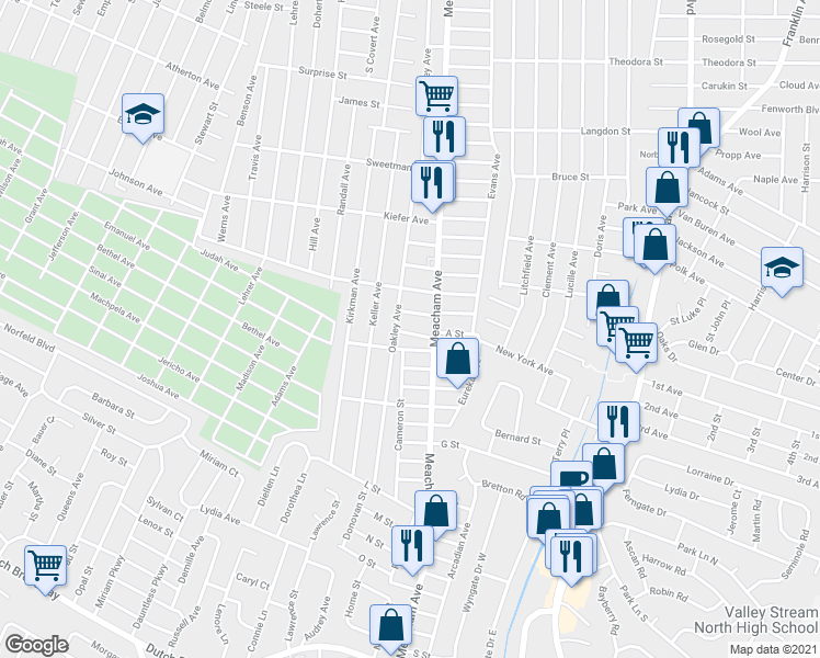 map of restaurants, bars, coffee shops, grocery stores, and more near 1373 Star Avenue in Elmont