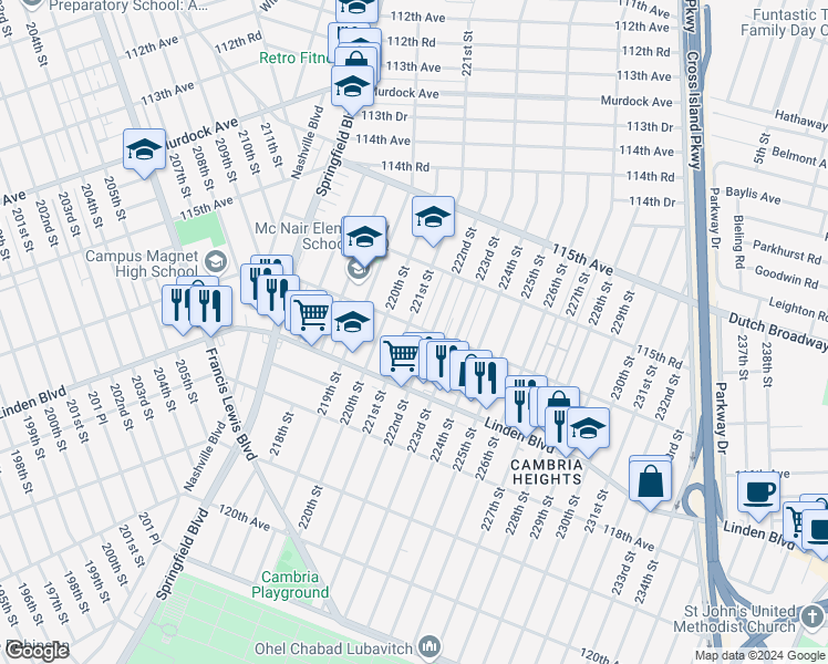 map of restaurants, bars, coffee shops, grocery stores, and more near 116-02 221st Street in Queens