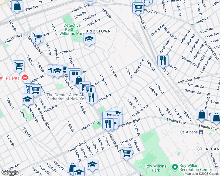map of restaurants, bars, coffee shops, grocery stores, and more near 110-31 174th Street in Queens
