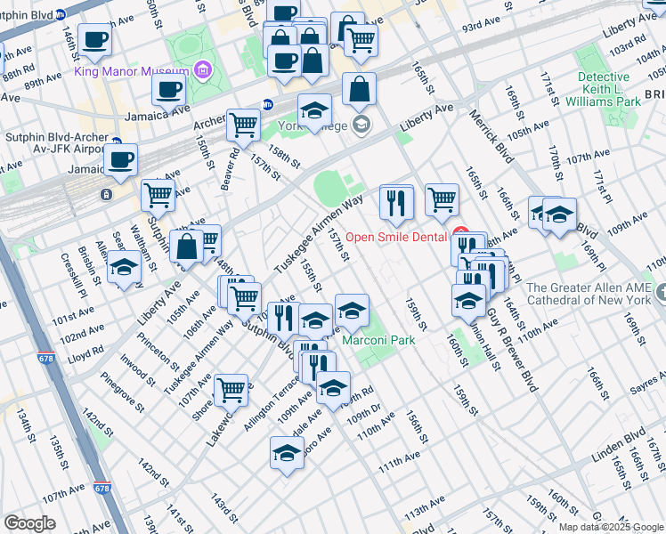 map of restaurants, bars, coffee shops, grocery stores, and more near 106-48 157th Street in Queens