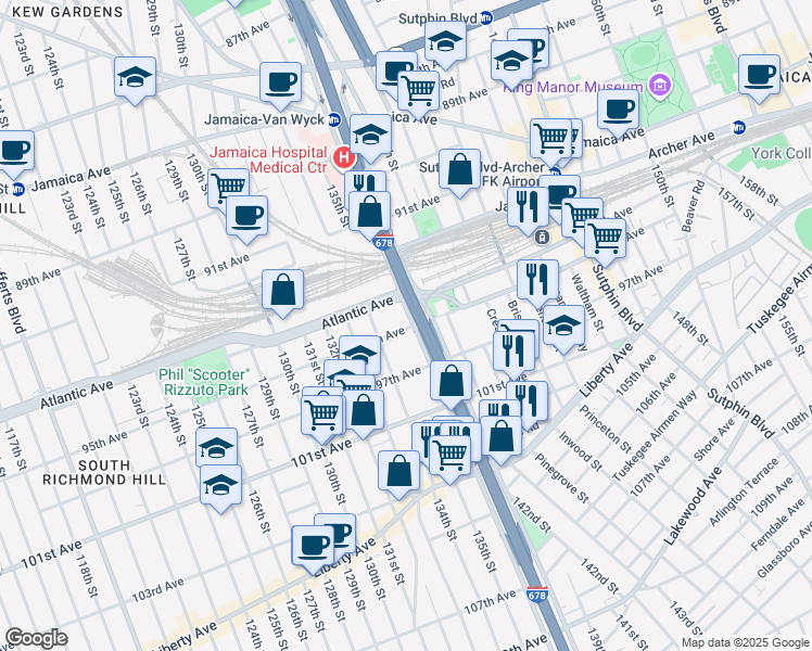 map of restaurants, bars, coffee shops, grocery stores, and more near 9434 Van Wyck Expressway in Queens