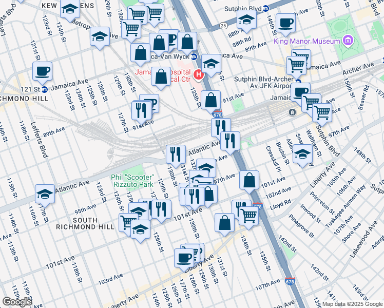 map of restaurants, bars, coffee shops, grocery stores, and more near 132-06 Atlantic Avenue in Queens