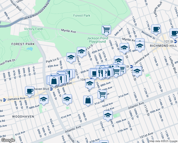 map of restaurants, bars, coffee shops, grocery stores, and more near 102-21 86th Avenue in Queens