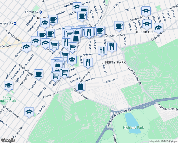 map of restaurants, bars, coffee shops, grocery stores, and more near 60-49 Cooper Avenue in Queens