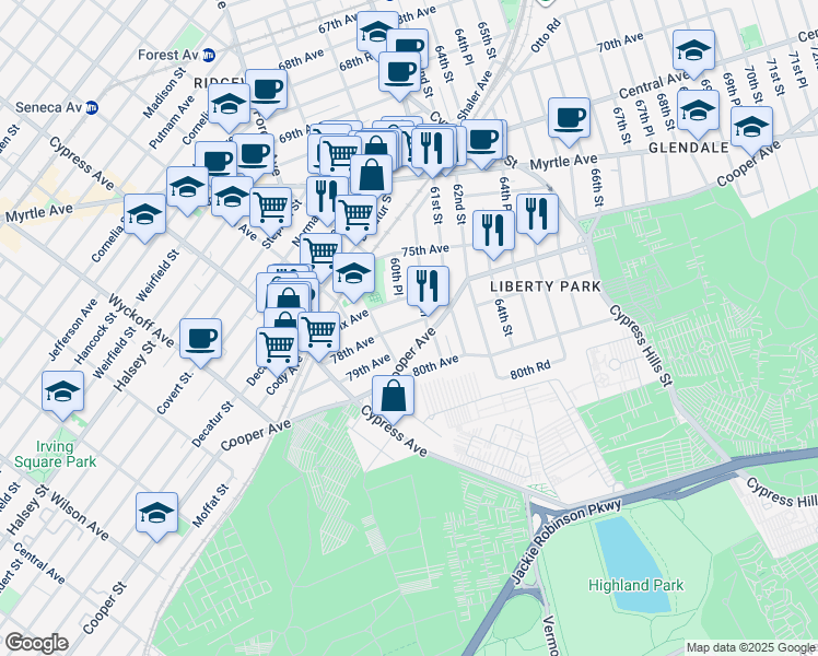 map of restaurants, bars, coffee shops, grocery stores, and more near 60-49 Cooper Avenue in Queens