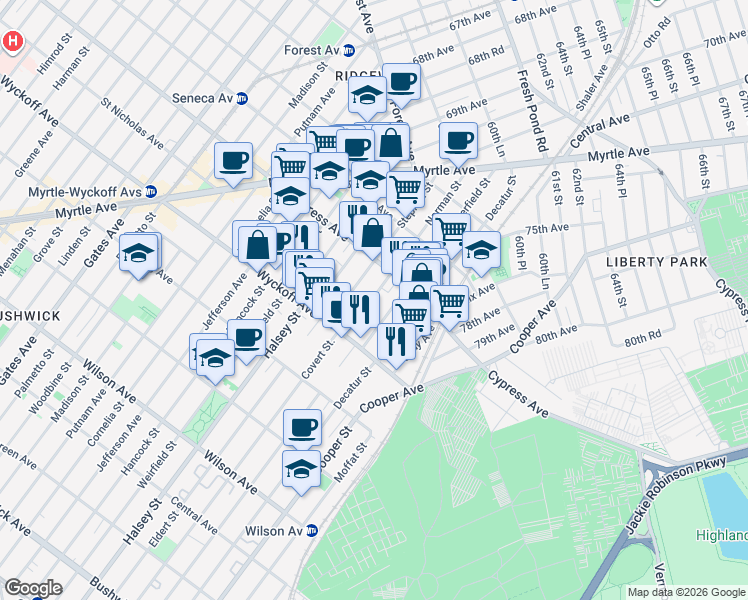 map of restaurants, bars, coffee shops, grocery stores, and more near 16-59 Norman Street in Queens