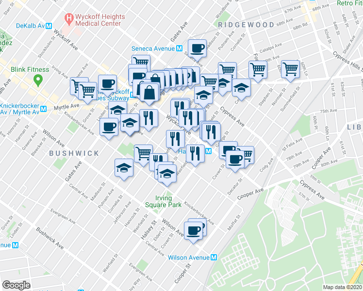 map of restaurants, bars, coffee shops, grocery stores, and more near 1484 Jefferson Avenue in Brooklyn
