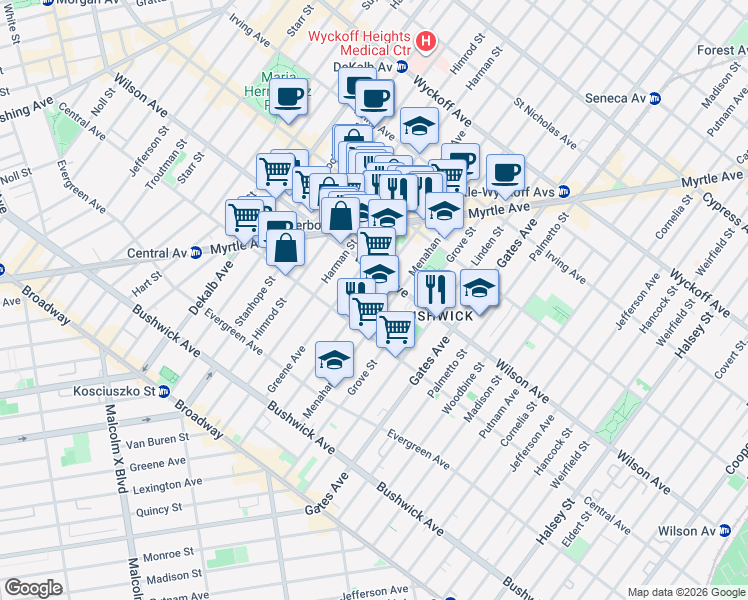 map of restaurants, bars, coffee shops, grocery stores, and more near 155 Bleecker Street in Brooklyn