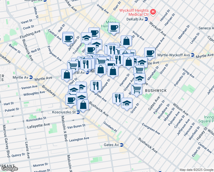 map of restaurants, bars, coffee shops, grocery stores, and more near 80 Stanhope Street in Brooklyn