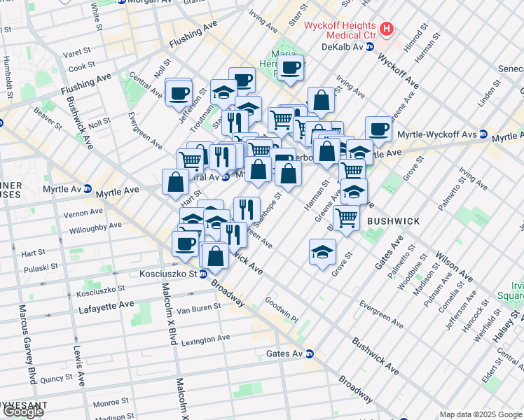 map of restaurants, bars, coffee shops, grocery stores, and more near 80 Stanhope Street in Brooklyn