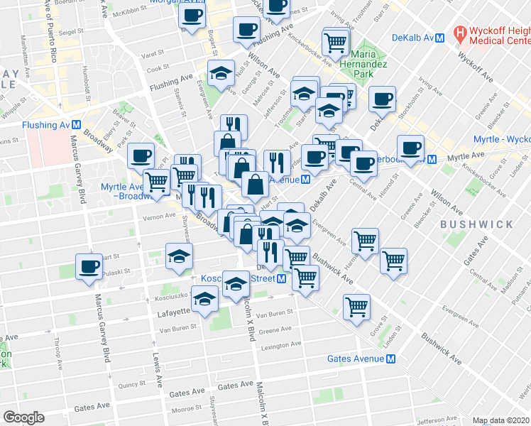 map of restaurants, bars, coffee shops, grocery stores, and more near 717 Bushwick Avenue in Brooklyn