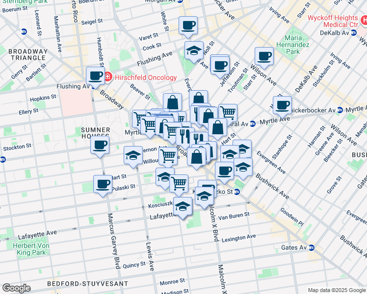 map of restaurants, bars, coffee shops, grocery stores, and more near 12 Ditmars Street in Brooklyn