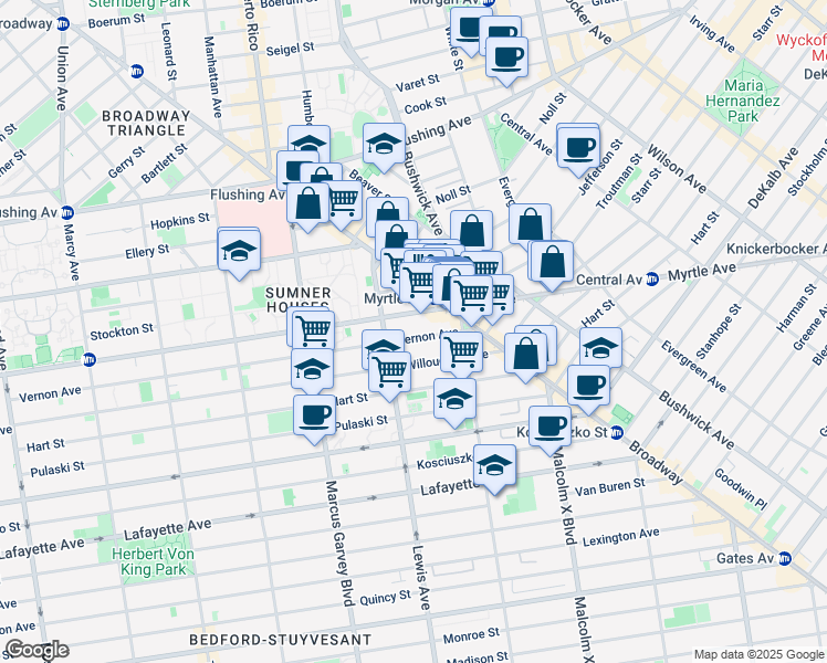 map of restaurants, bars, coffee shops, grocery stores, and more near 1100 Myrtle Avenue in Brooklyn