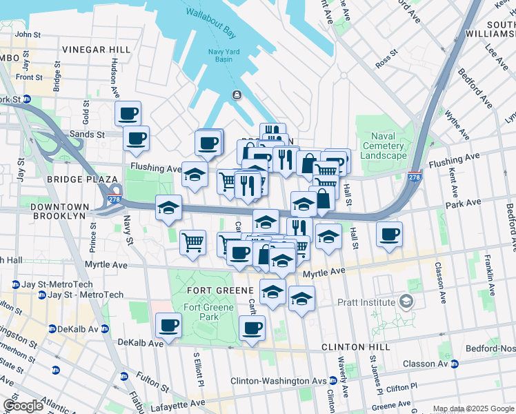 map of restaurants, bars, coffee shops, grocery stores, and more near 50 Adelphi Street in Brooklyn