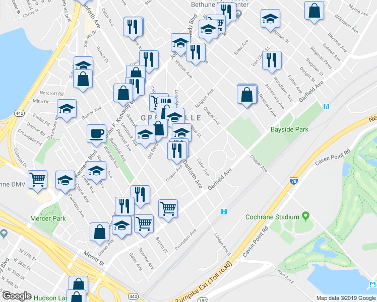 map of restaurants, bars, coffee shops, grocery stores, and more near 128 Danforth Avenue in Jersey City