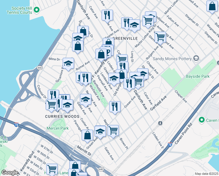 map of restaurants, bars, coffee shops, grocery stores, and more near 15 Greenville Avenue in Jersey City
