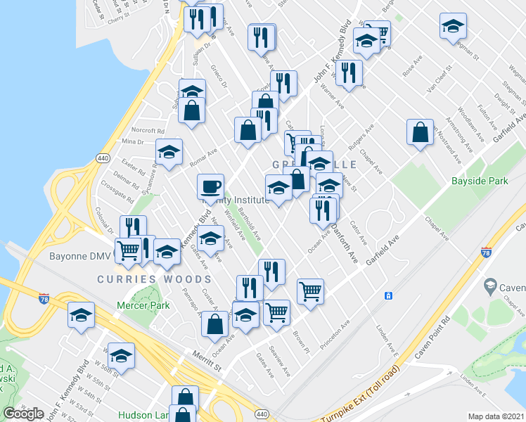 map of restaurants, bars, coffee shops, grocery stores, and more near 202 Pearsall Avenue in Jersey City