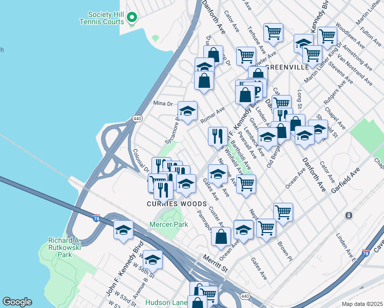 map of restaurants, bars, coffee shops, grocery stores, and more near 257 Seaview Avenue in Jersey City