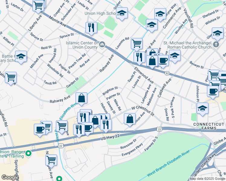 map of restaurants, bars, coffee shops, grocery stores, and more near 1067 Brighton Street in Union