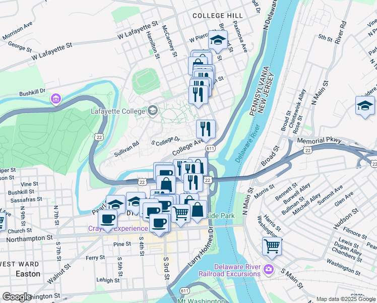 map of restaurants, bars, coffee shops, grocery stores, and more near 141 Bushkill Drive in Easton