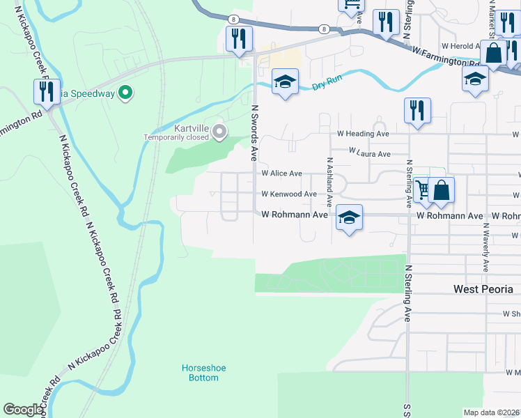 map of restaurants, bars, coffee shops, grocery stores, and more near 712 North Swords Avenue in West Peoria