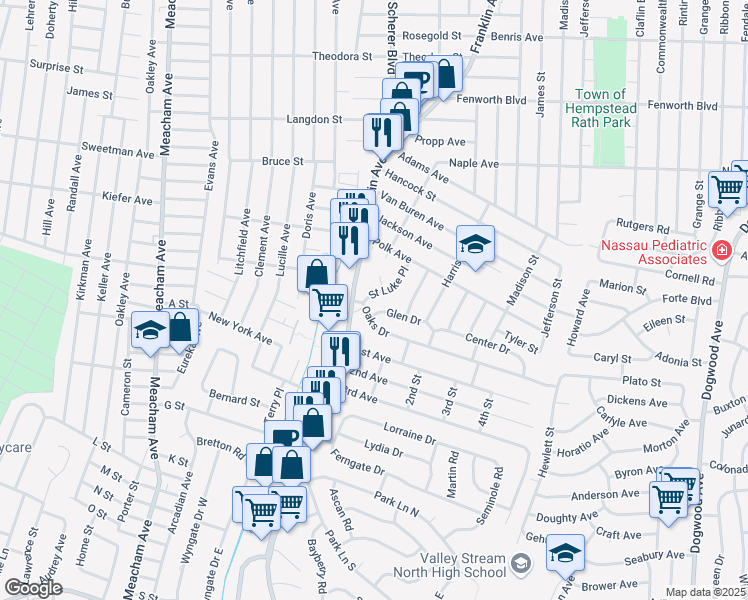 map of restaurants, bars, coffee shops, grocery stores, and more near 433 Saint Luke Place in Franklin Square