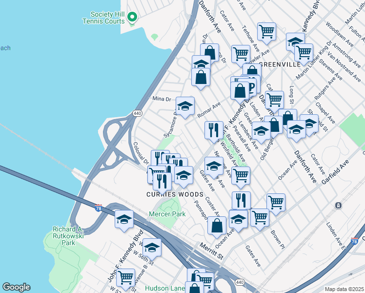 map of restaurants, bars, coffee shops, grocery stores, and more near 284 Custer Avenue in Jersey City
