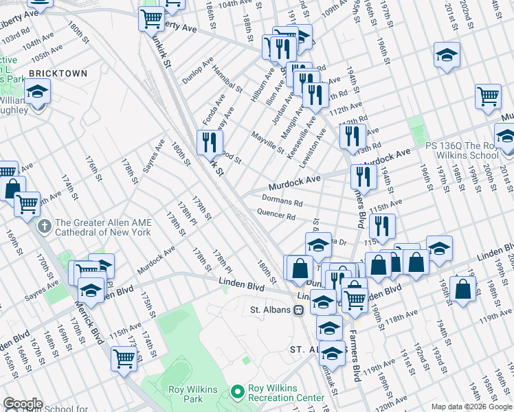 map of restaurants, bars, coffee shops, grocery stores, and more near 186-12 Dormans Road in Queens