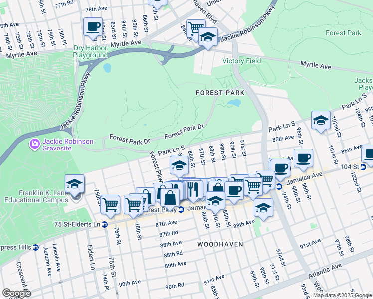 map of restaurants, bars, coffee shops, grocery stores, and more near 85-16 Park Lane South in Queens