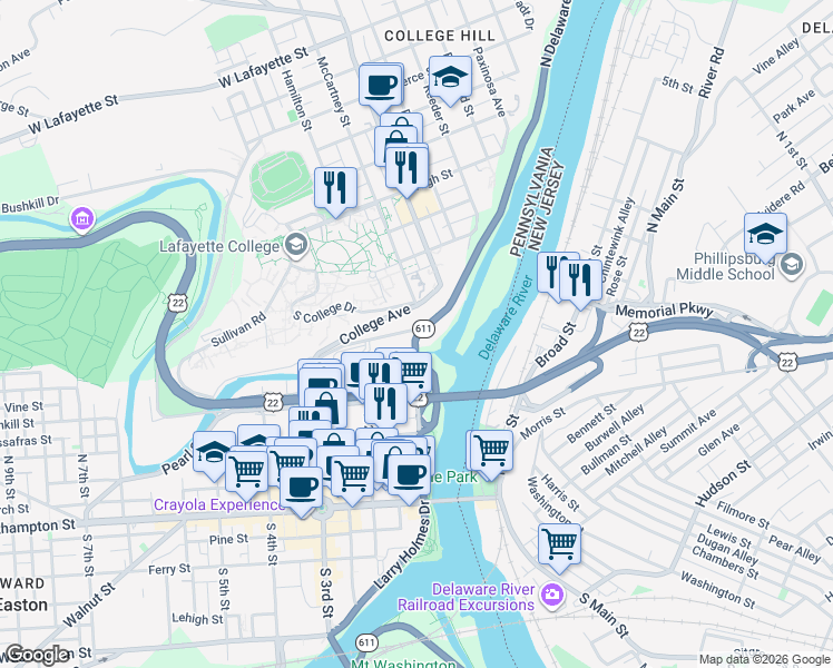 map of restaurants, bars, coffee shops, grocery stores, and more near 0 Bushkill Drive in Easton