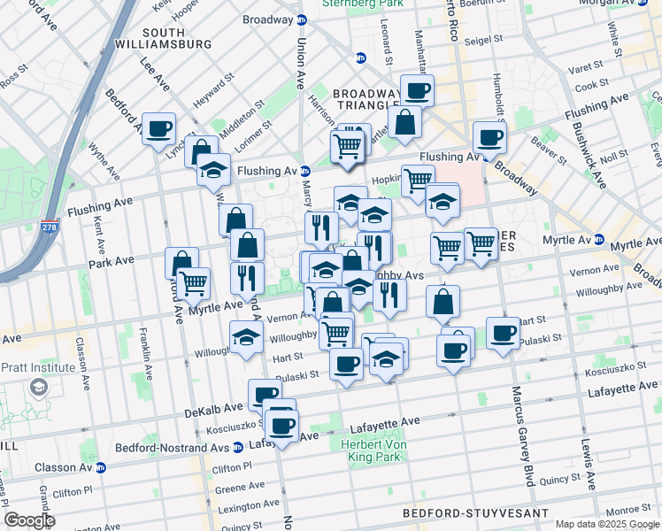 map of restaurants, bars, coffee shops, grocery stores, and more near 99 Stockton Street in Brooklyn