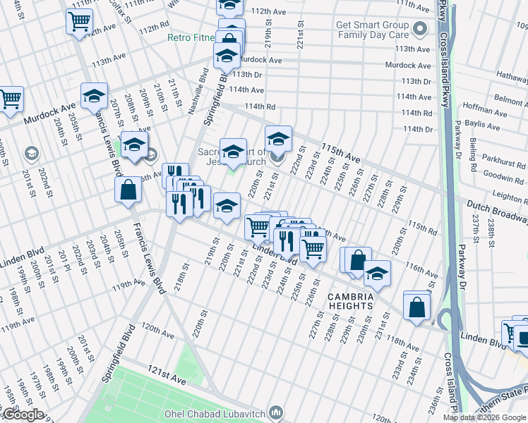 map of restaurants, bars, coffee shops, grocery stores, and more near 116-02 221st Street in Queens
