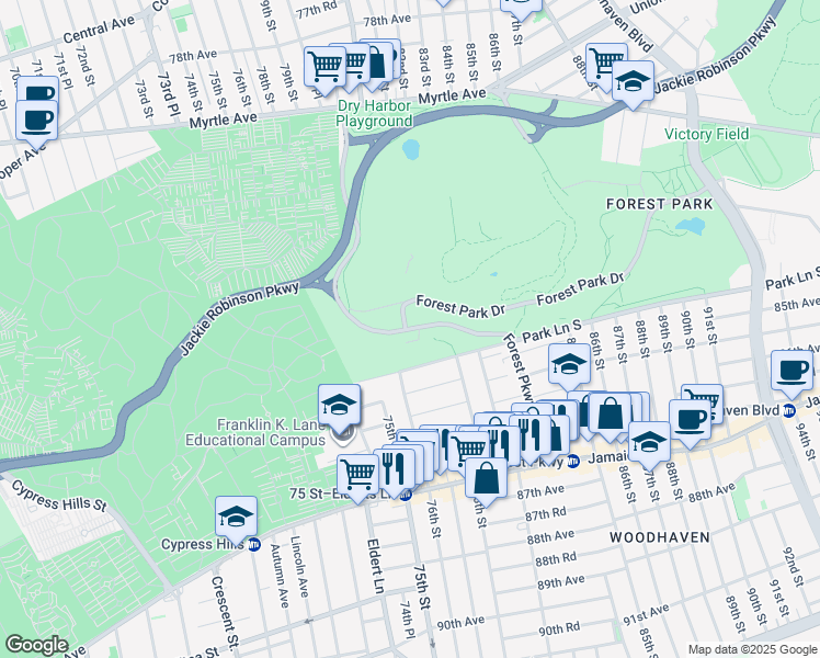 map of restaurants, bars, coffee shops, grocery stores, and more near 66 Forest Park Drive in Queens
