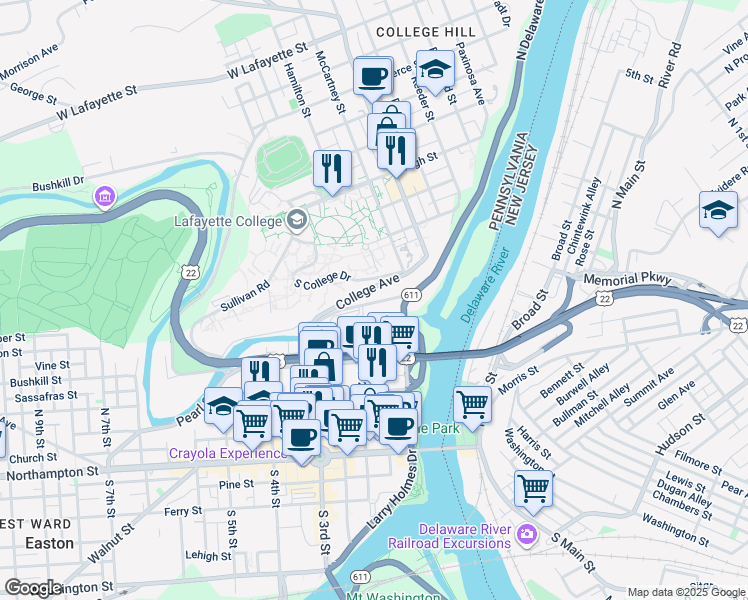 map of restaurants, bars, coffee shops, grocery stores, and more near 141 Bushkill Drive in Easton