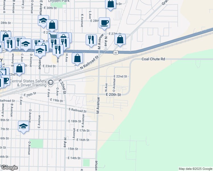 map of restaurants, bars, coffee shops, grocery stores, and more near 1300 East 21st Street in Kearney