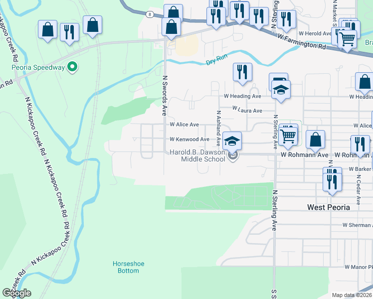 map of restaurants, bars, coffee shops, grocery stores, and more near 2925 W Rohmann Ave in West Peoria