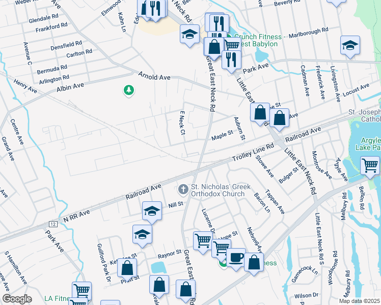 map of restaurants, bars, coffee shops, grocery stores, and more near 288 Great East Neck Road in West Babylon