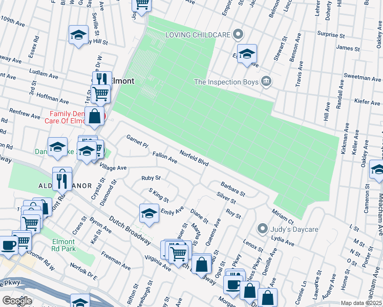map of restaurants, bars, coffee shops, grocery stores, and more near 182 Norfeld Boulevard in Elmont