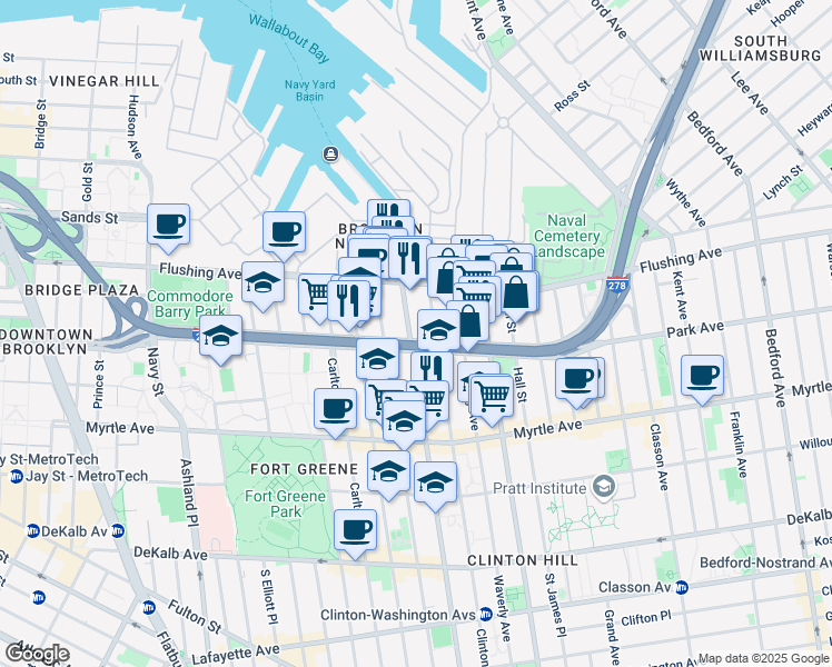 map of restaurants, bars, coffee shops, grocery stores, and more near 235 Park Avenue in Brooklyn