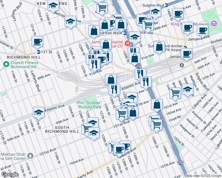 map of restaurants, bars, coffee shops, grocery stores, and more near 131-11 Atlantic Avenue in Queens