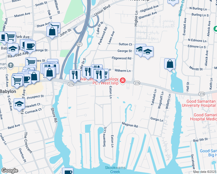 map of restaurants, bars, coffee shops, grocery stores, and more near 26 Eaton Lane in West Islip